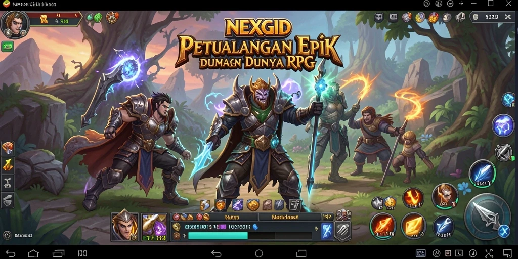 Screenshot antarmuka NEXGID yang menggambarkan pertempuran seru di dunia RPG.