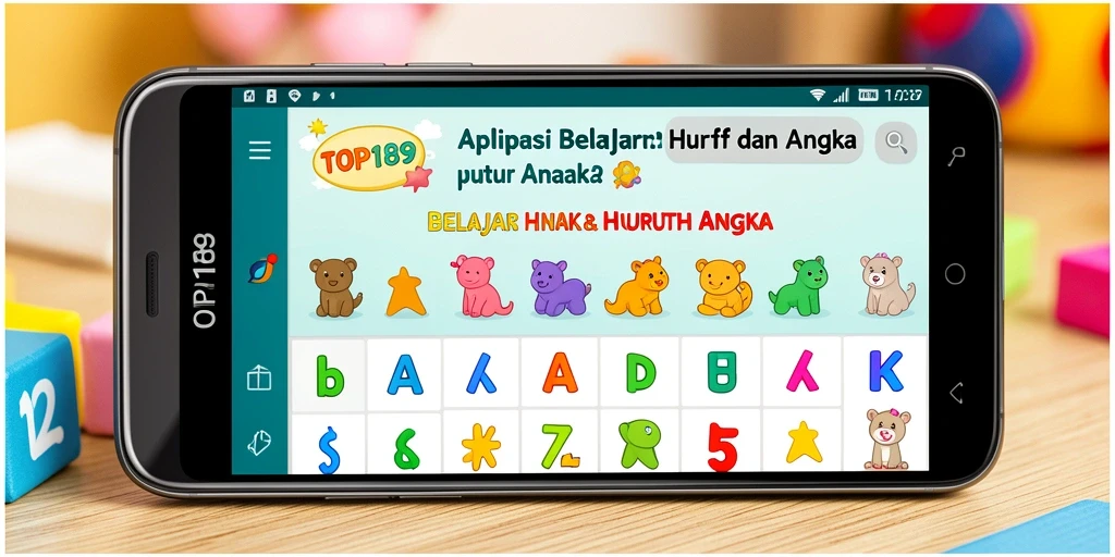Antarmuka aplikasi TOPI189 yang menarik untuk Belajar Huruf dan Angka.